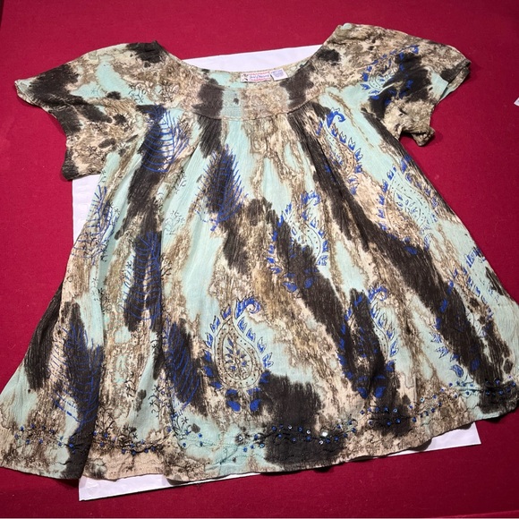 Just Cruising blue tan TIE DYE SWIRL BLOUSE Paisley Sequins short sleeves womens - Picture 4 of 14